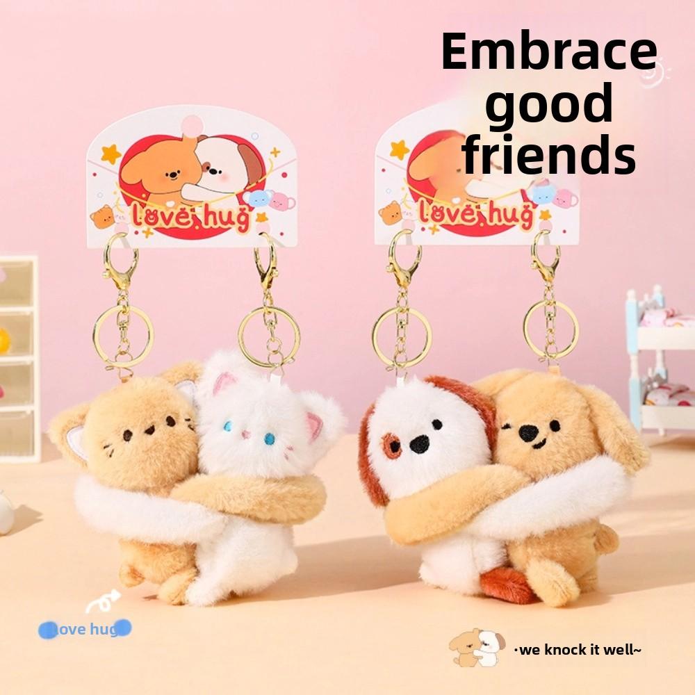 Stickable Couple Cartoon Keychains Stuffed Animal Plush Key Rings Cat Dog Plush Dolls  Men Women