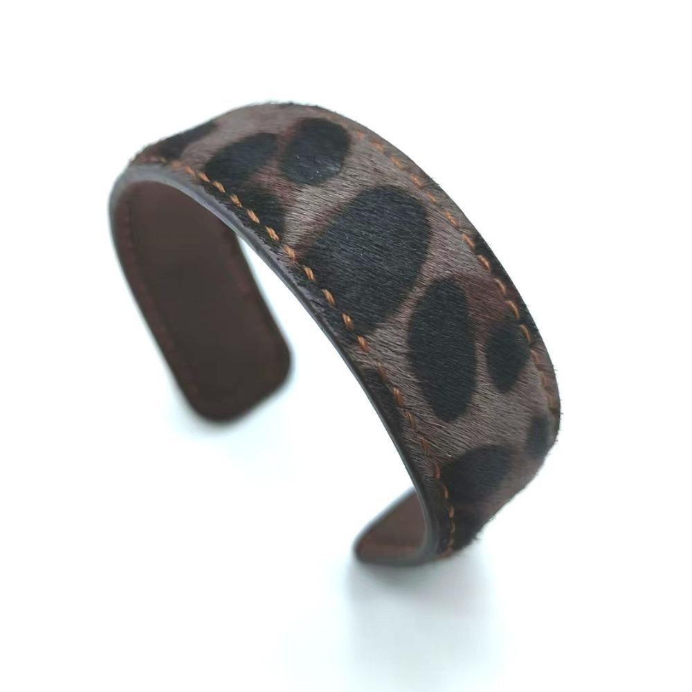 Stitched Real-leather Horsehair Bracelet Furry C-shaped Open Bracelet Leopard Print Bangle  Gift
