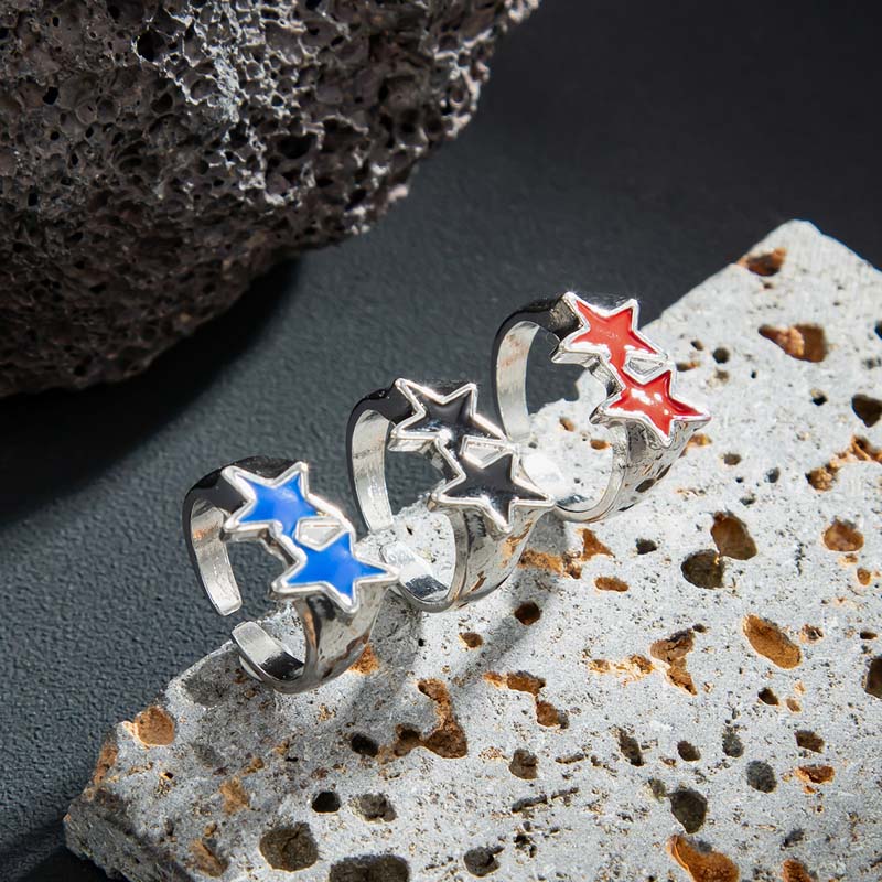 Vintage Black Drip Oil Pentagram Star Open Rings for Women Men Hip Hop Rock Metal Star Adjustable Couple Rings Zircon