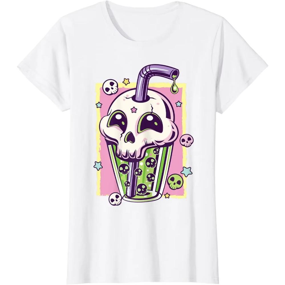 Kawaii Pastel Goth Creepy Skull Boba Bubble Tea Vaporwave T-Shirt Women Men Harajuku Aesthetic Tops Unisex Oversized