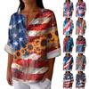 Women's Fashionable V Neck Button Seven Quarter Sleeve Printed Casual Top
