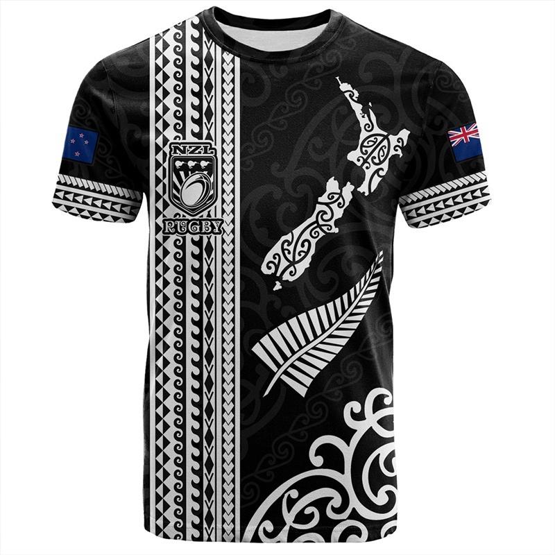 T-shirt with Maori Totem Fern Print Crew Neck Casual Sports Top Breathable Comfortable