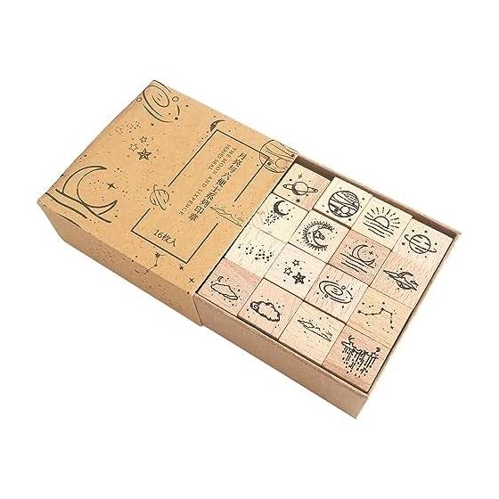 Audiophile Wooden Stamp Starry Sky Planet Moon Notebook Diary Surreal Art Set of 16