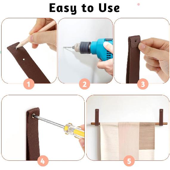 2 Pcs PU Leather Wall Hooks, 1 x 4.7 Inches Leather Wall Hanging Strap Leather Hook Lanyard Wall Mounted Loop for Hanging Curtain Rod Holders Towel
