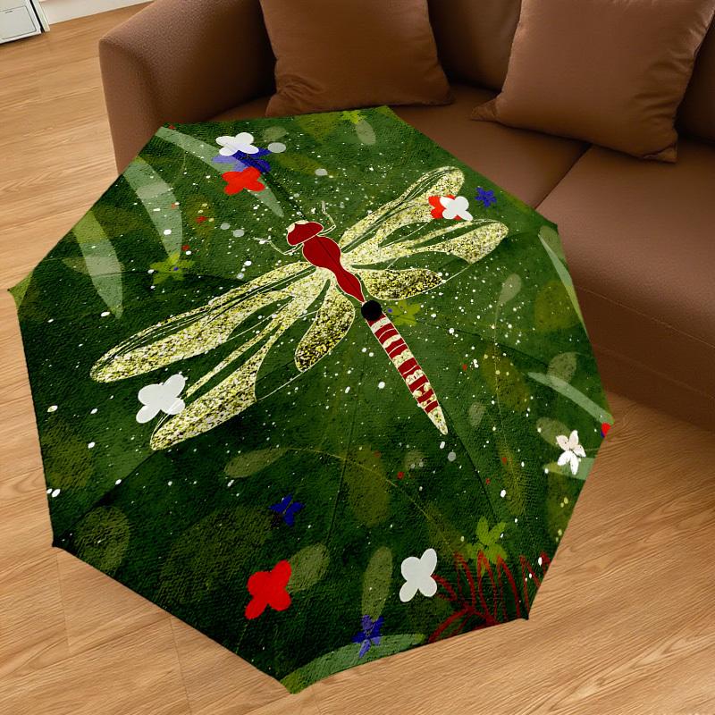 1pc Dragonfly, Flowers Automatic Open/Close Umbrella with Windproof, 8-Rib Sturdy Canopy, Durable Ribs, Fashionable Design1175A