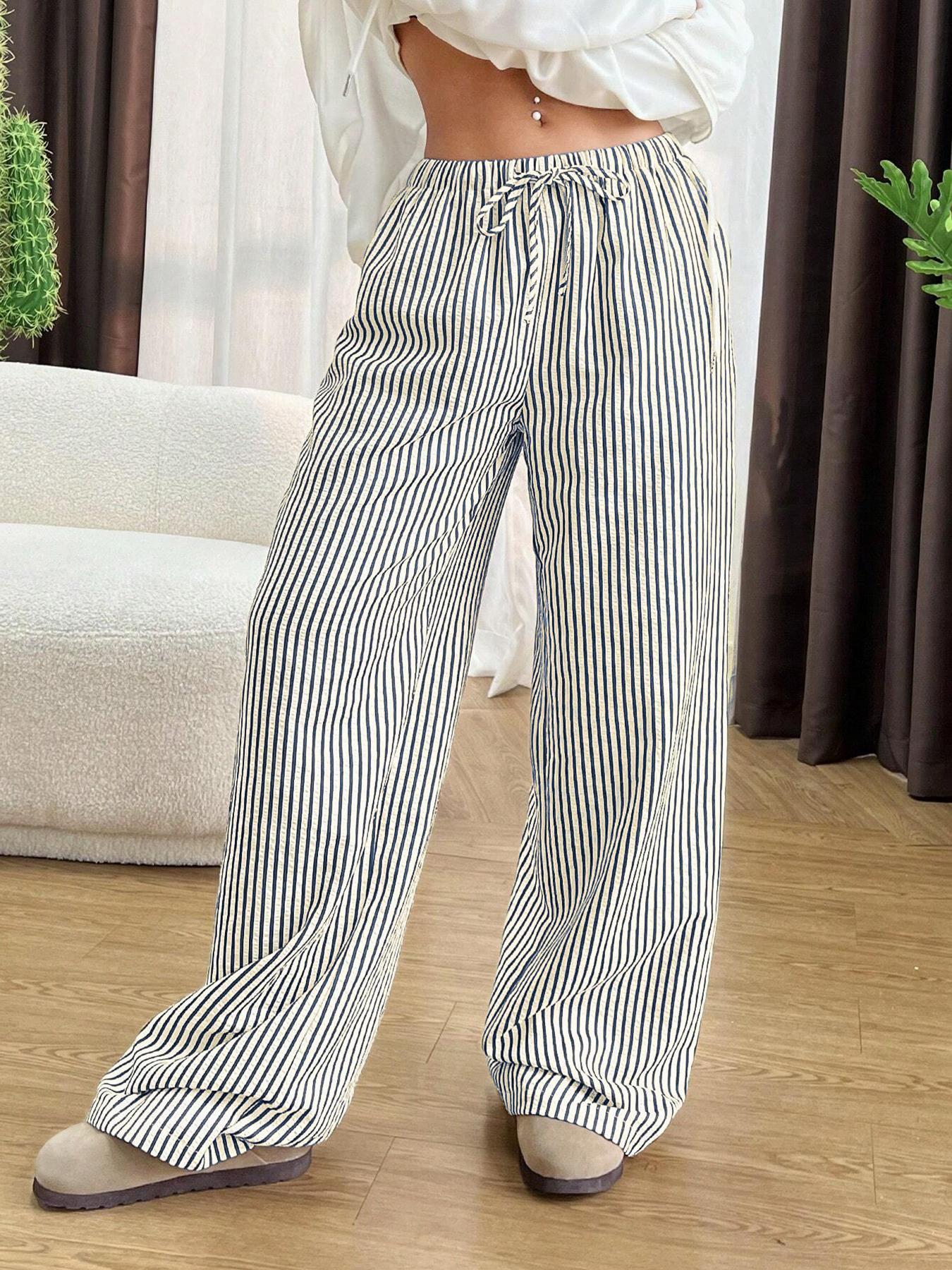 

Women’s 2026 Spring & Autumn High-Waisted Striped Wide-Leg Pants - European & American Style, Casual & Slimming. Large синій