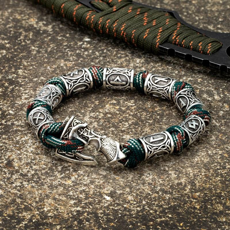 Men Viking Celtic Rune Beads Axe Bracelet Odin Symbol Scandinavian Metal Lanyard Handmade Woven Paracord Norse Amulet Jewelry
