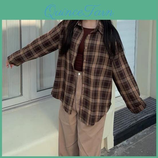 Shirt Women Sleeve Lapel Long Plaid Print Shirt Tops Buttons Placket Loose Fit Breathable Comfortable Shirt