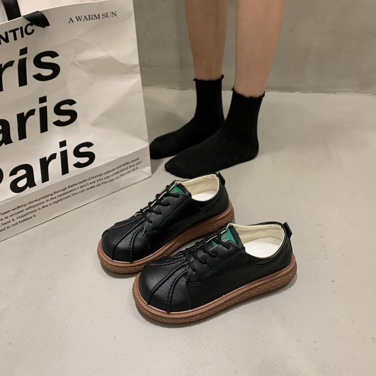 

British style loafers small leather shoes flat white shoes 2025 autumn new shell head single shoes student casual shoes women 40 чёрный