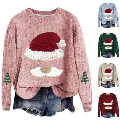 Moda feminina casual manga comprida estampa de natal gola lã malha pulôver top