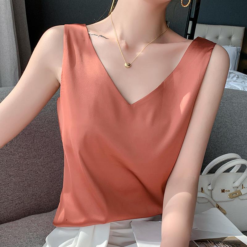 Women's Silk Satin V-neck Acetate Camisole: Ideal Inner Base Layer for Suits, Spring/Summer, Black & White