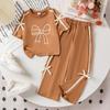 Girls' Fashionable Caramel-colored Bow Tie Set for Summer Children's Casual Short-sleeved Wide-leg Pants Two-piece Set