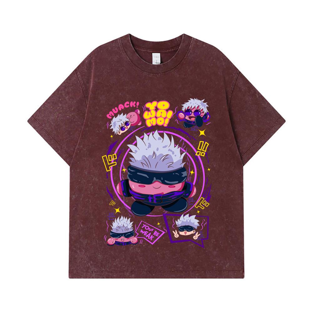 275 GSM Washed T-shirts 100% Cotton Jujutsu Kaisen V41 Kirby Gojo Print Unisex Heavy Cotton T Shirt