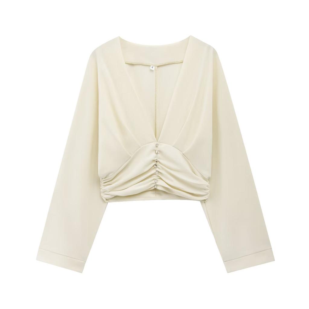 ZR1116 European and American Summer Women's Clothing V-neck Pure Desire Wind Slim-fit Cardigan Pleated V-neck Shirt Top Women