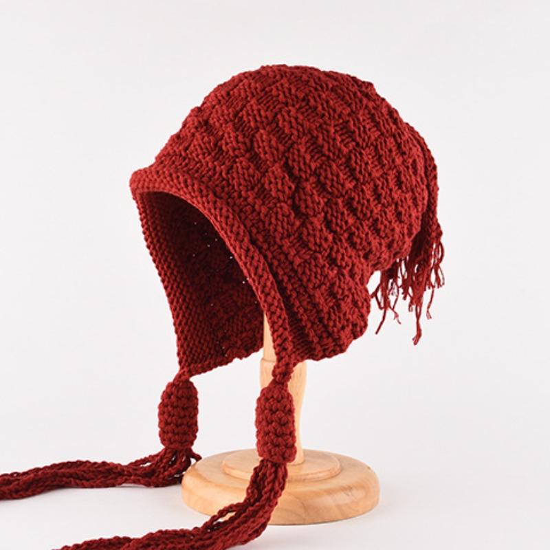 

Вязаная женская шапка осень-зима милый галстук кисточка подвеска защита ушей шерстяная шапка ручная работа теплая защита ушей шапка Lei Feng One Size красный