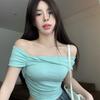 Niche fashion sexy pure desire hot girls T-shirt slim and thin short sleeves irregular design off-shoulder top ins