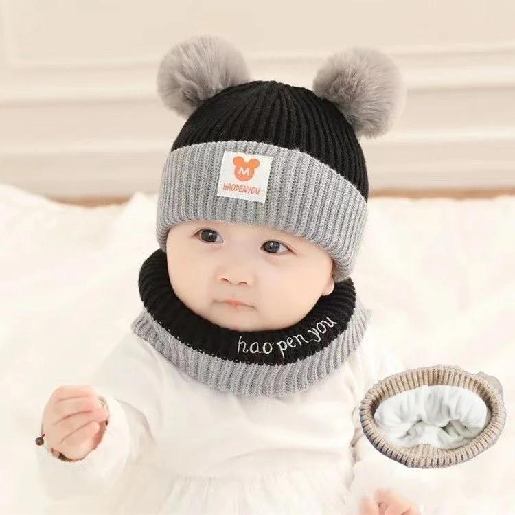 1 conjunto de chapéu de bebê cachecol conjunto urso quente tricô crianças inverno chapéu boné boné infantil criança criança crianças chapéu meninos meninas crochê gorro