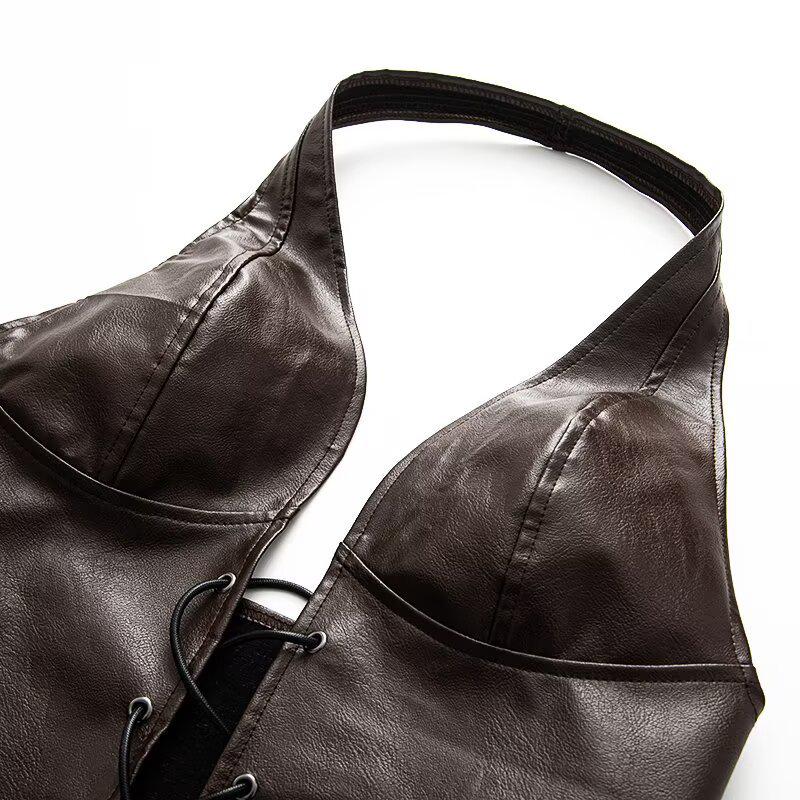 2025 Spring Women's Euro-American Style Halter Tie-Up Cutout PU Crop Vest