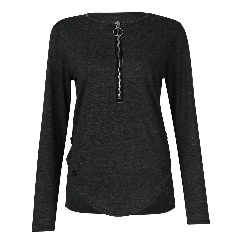Womens Casual  Zipper Longsleeved Neck Button Tshirt Top
