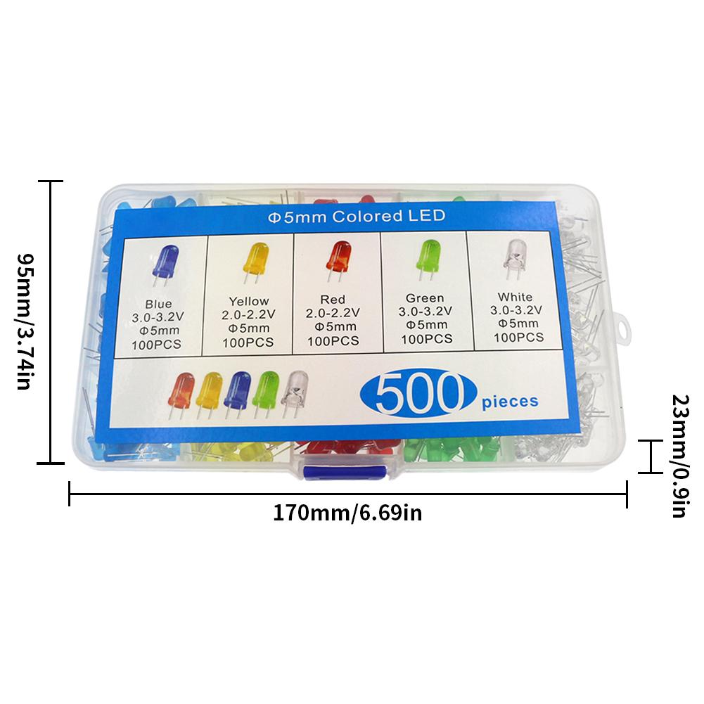 500Pcs LED Light-Emitting Diode Red Yellow Blue Green White 5MM Luminous Diode Assorted Kit LED for DIY Electrical Maintenance