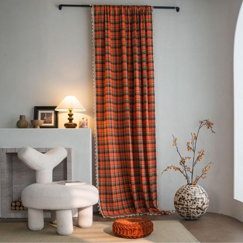 French Style Orange Checkered Cotton Linen Curtain Semi-Sheer Kitchen Dining Bay Window