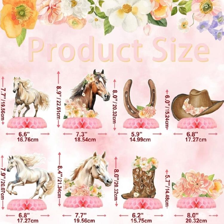 Pink Honeycomb Horse Centerpieces Set, 8 Piece Girl Birthday Table Decorations with Florals Horse, Horseshoes and Boot Pattern for Dessert Table