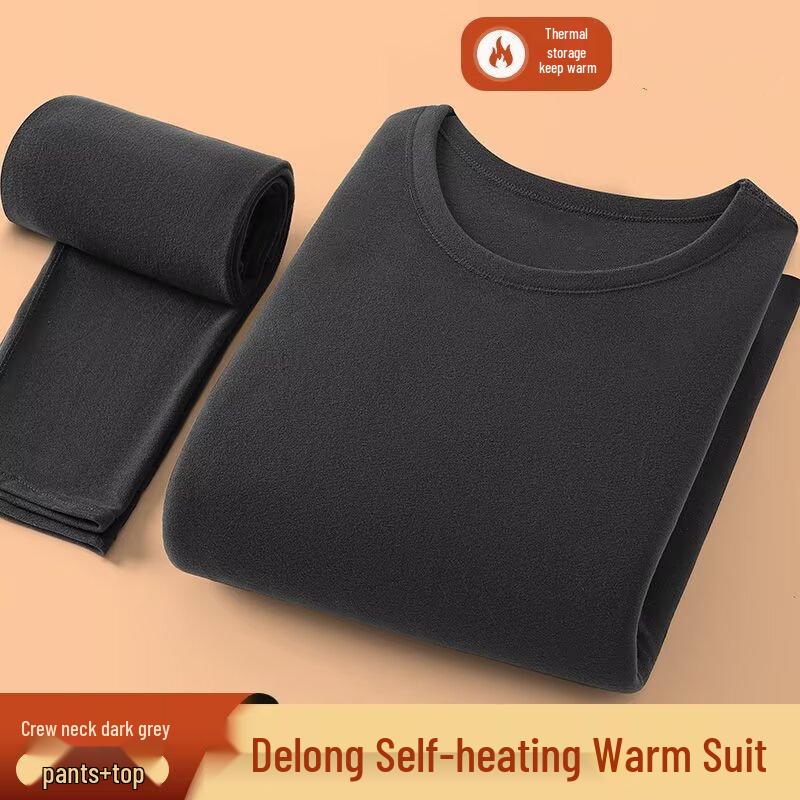 Męski Jesienno-Zimowy Ciepły Zestaw Bielizny z Okrągłym Dekoltem - Jednolity Kolor, Duży Rozmiar Warstwa Bazowa