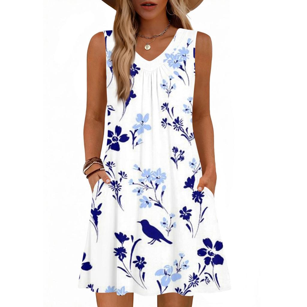 Women's Fashion Printed Summer Sleeveless V-neck Tank Top Pocket Casual Loose Dress