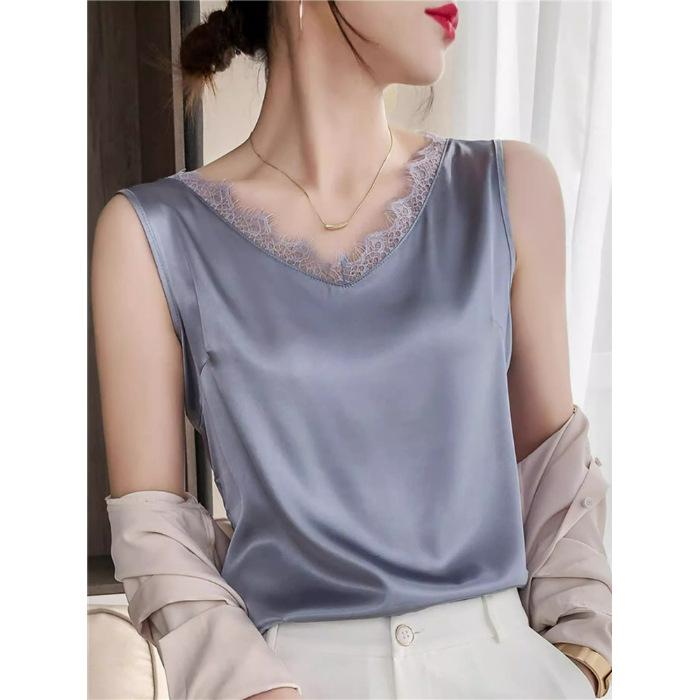 V-neck lace sling vest women s summer new versatile and thin foreign fashion versatile sleeveless bottoming top S серебряный серый