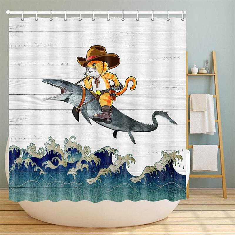 Pirate Cat Riding Shark Shower Curtain Funny Space Galaxy Rainbow Waterproof Fabric Bath Curtain With Hooks For Bathtub Decor