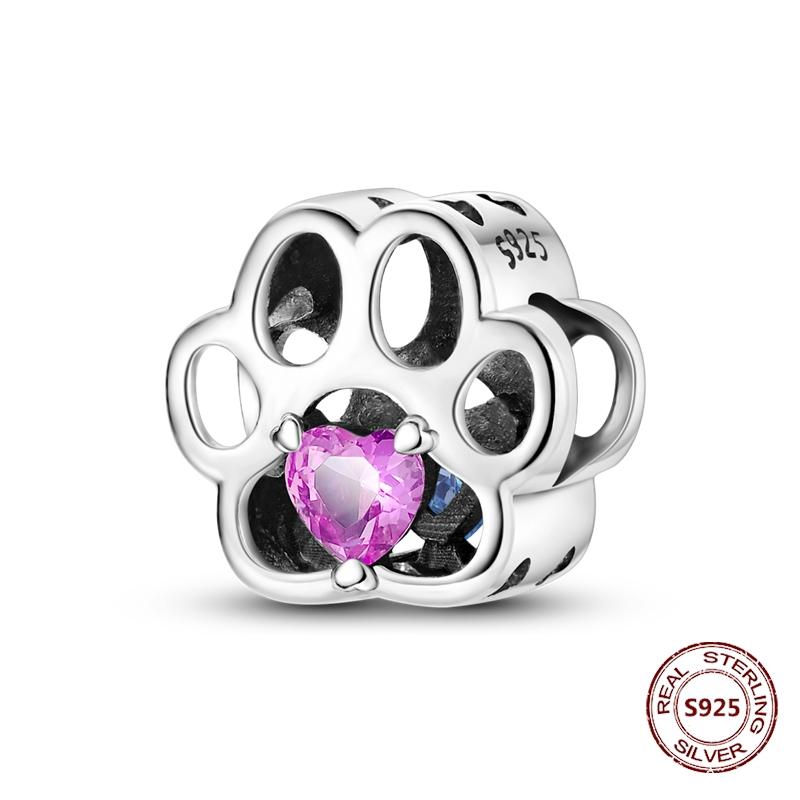 Copper Original Dog Cat Safety Chain Lazy Cat Pink Zircon Pet Paw Print Footprint Charms Fit Bracelet For Women Diy Jewelry