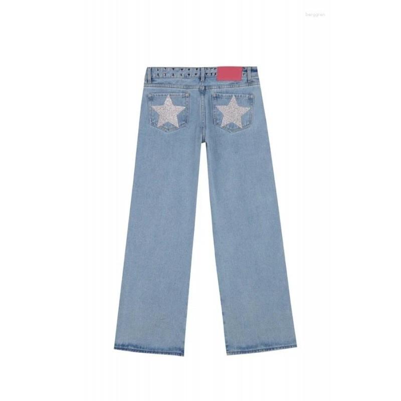 Vintage Star Print Denim Jeans Women Loose Straight Cut Streetwear Casual Pants