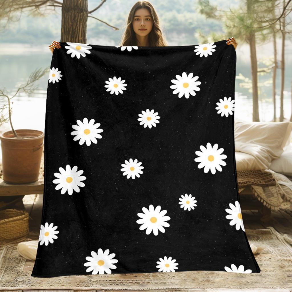 Luxury Soft & Warm 280GSM Flannel Blanket - Black with White Daisies Print, All-Season Cozy Throw for Bed, Sofa, Travel & Campin