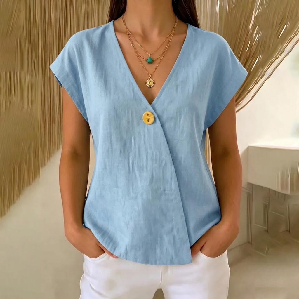 Women V Neck Button Front Blouse Short Sleeve Casual Lightweight Top with Relaxed Fit and Wrap Style for Everyday Wear