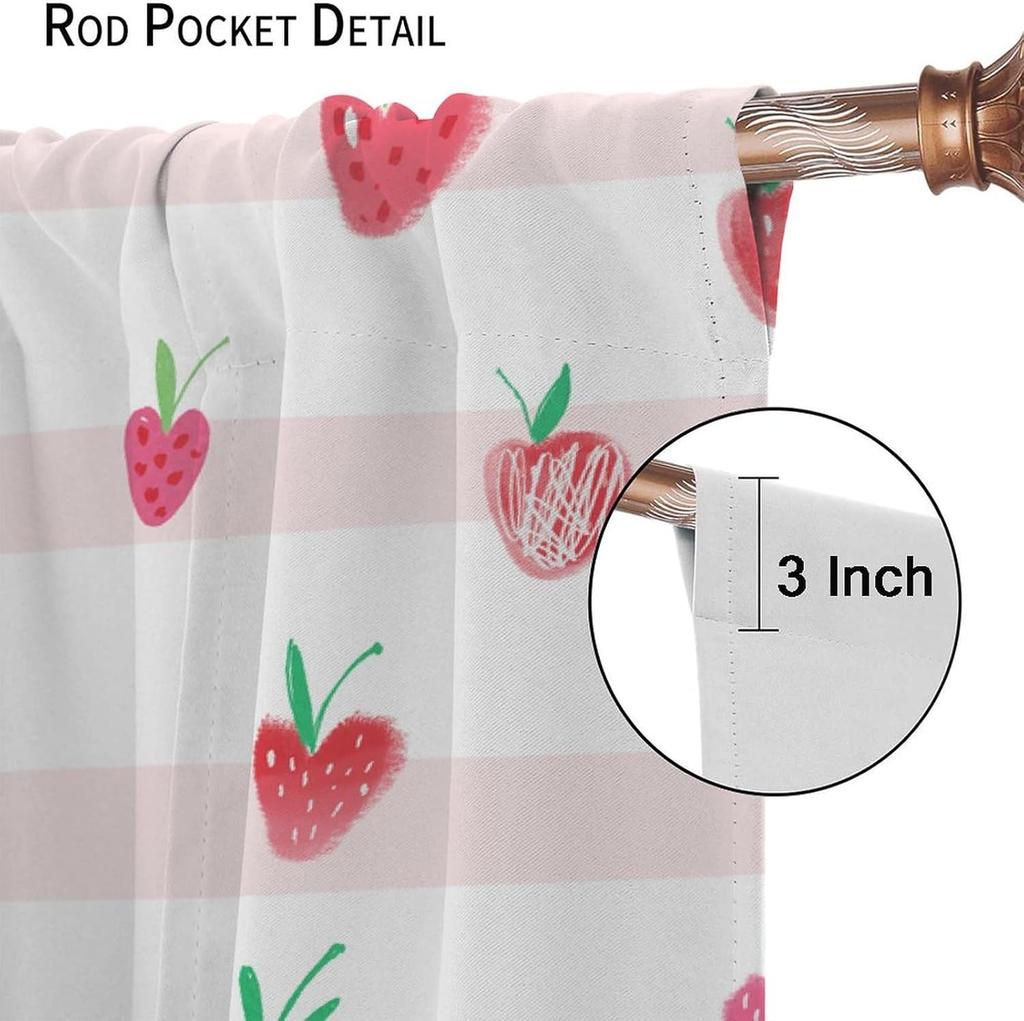 Boho Strawberries Curtains Cute Pink Bohemia Fruit Rod Pocket Blackout Window Treatment for Kitchen Living Room Girls Woman Room