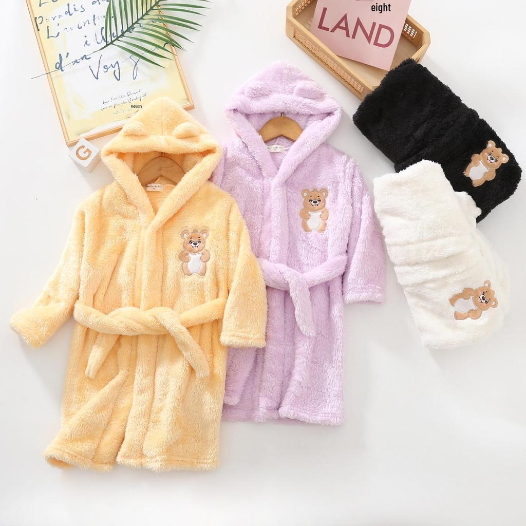 Children's Plush Cartoon Bathrobe - Boys' & Girls' Double-Sided Fleece Pajamas for Autumn/Winter