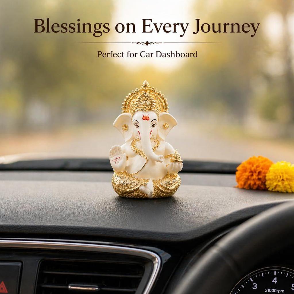 Ganesha Gold Idol for Car Dashboard Ganesha Murti Ganpati Idol for Home Decor Puja Lord Ganesh Statue Gift