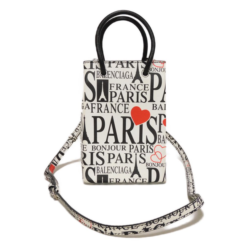 

Used 11221 Bonjour Paris Shopping Phone Holder 593826 1BW5N 9065 7922 2-Way Shoulder Bag with Logo, White, Women s from