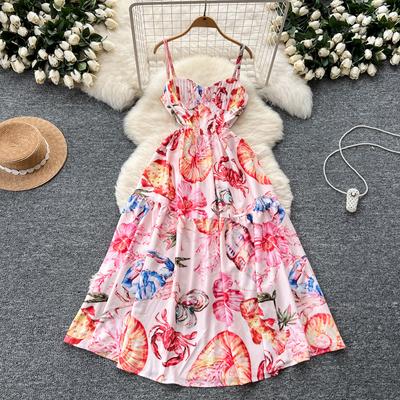 Sommer Damen Elegant Print Spaghettiträger Lange Maxi Partykleider mit Gürtel