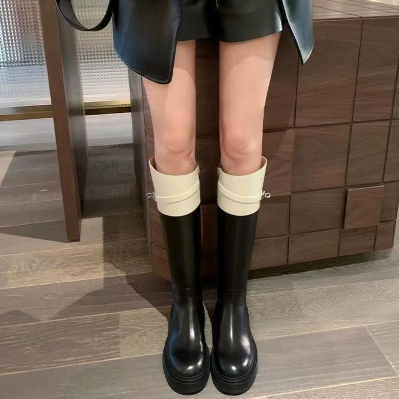 Thick-soled Lock But Knee Boots 2025 Autumn and Winter New Round Head Color Matching High Knight Boots Women
