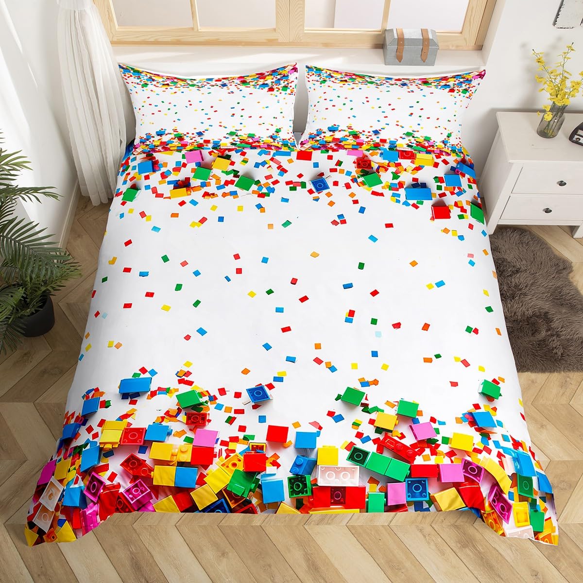 

Постільна білизна З днем ​​народження з 3D-блоками, підодіяльником Single Queen , барвистим будівельним матеріалом, з 2 наволочками AU Single(140x210cm)