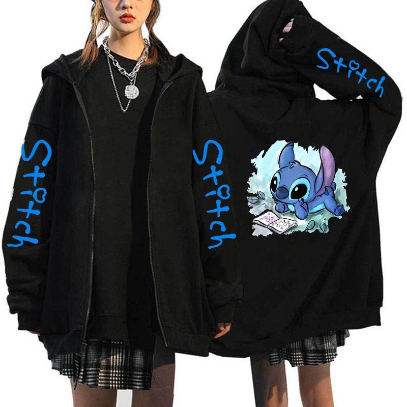 Oversized Y2k Zip-up Hettegenser Disney Dame Lilo & Stitch Kostyme Vinterklær Dame Langermet Varm Jakke Zip-up Street Topper