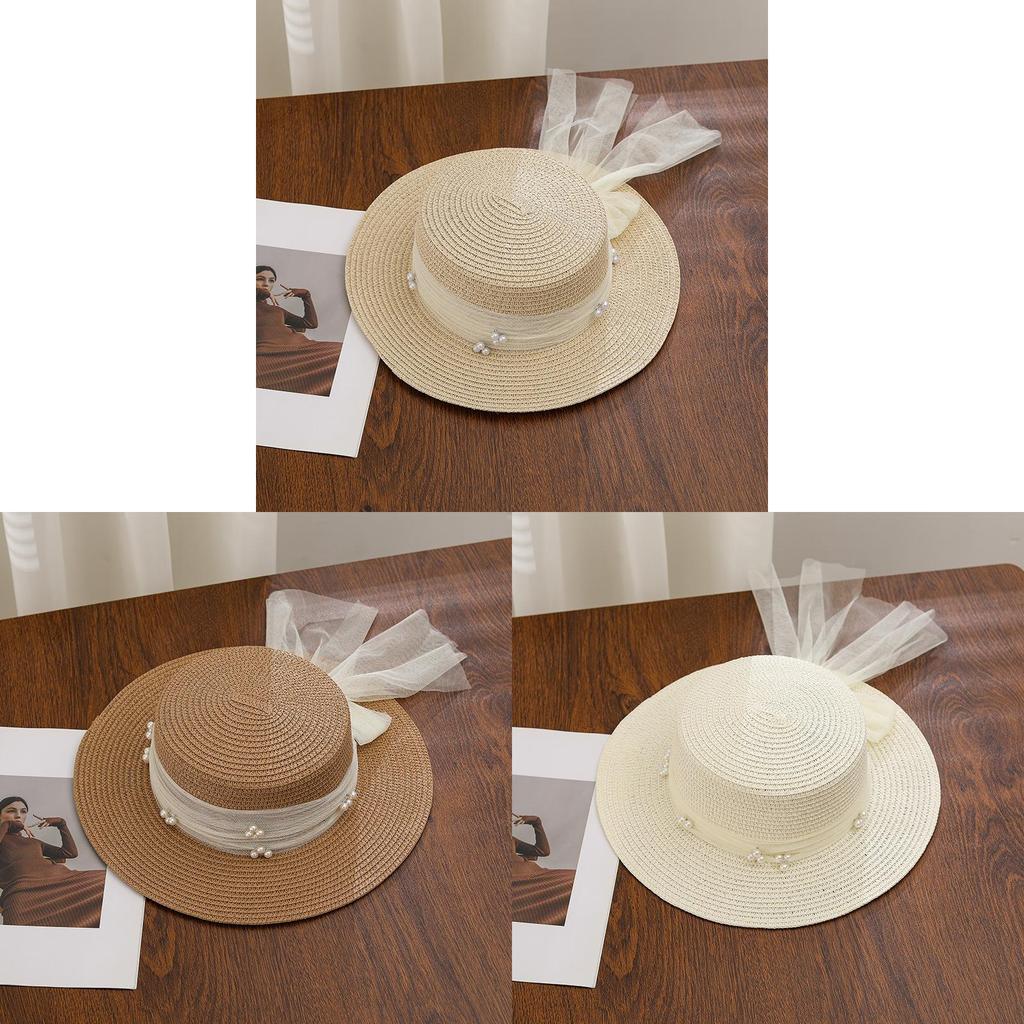French Lace Pearl Bow Wide Brim Straw Hat For Summer Beach Sun Protection