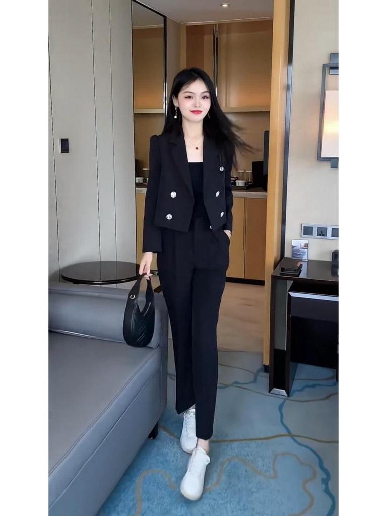 Women's 2023 Black Long Sleeve Suit & Pants Set - High-End Fashion for Spring/Autumn