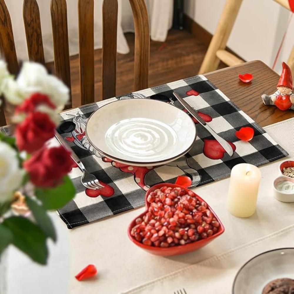 Hearts Gnomes Love Buffalo Plaid Valentine's Day Placemats Anniversary Wedding Holiday Table Mats for Party Kitchen Dining Decoration