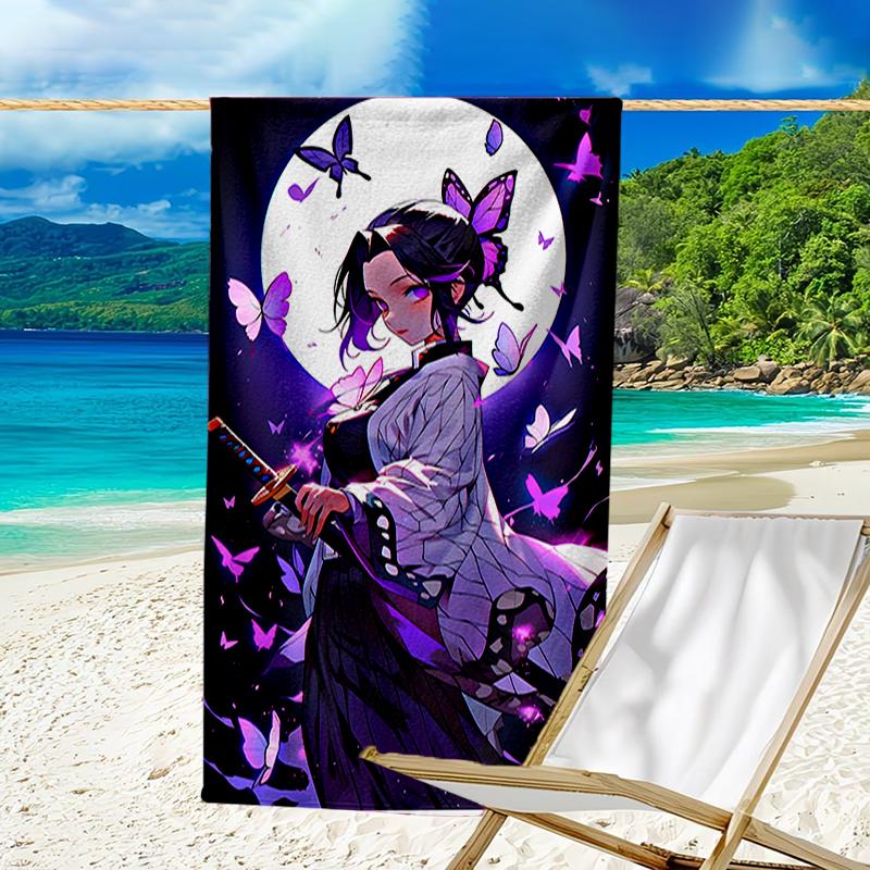 proof beach towel with a Demon Slayer Shinobu Kocho pattern - soft,absorbent,quick-drying,machine washable - perfect for swimming,camping,bathing