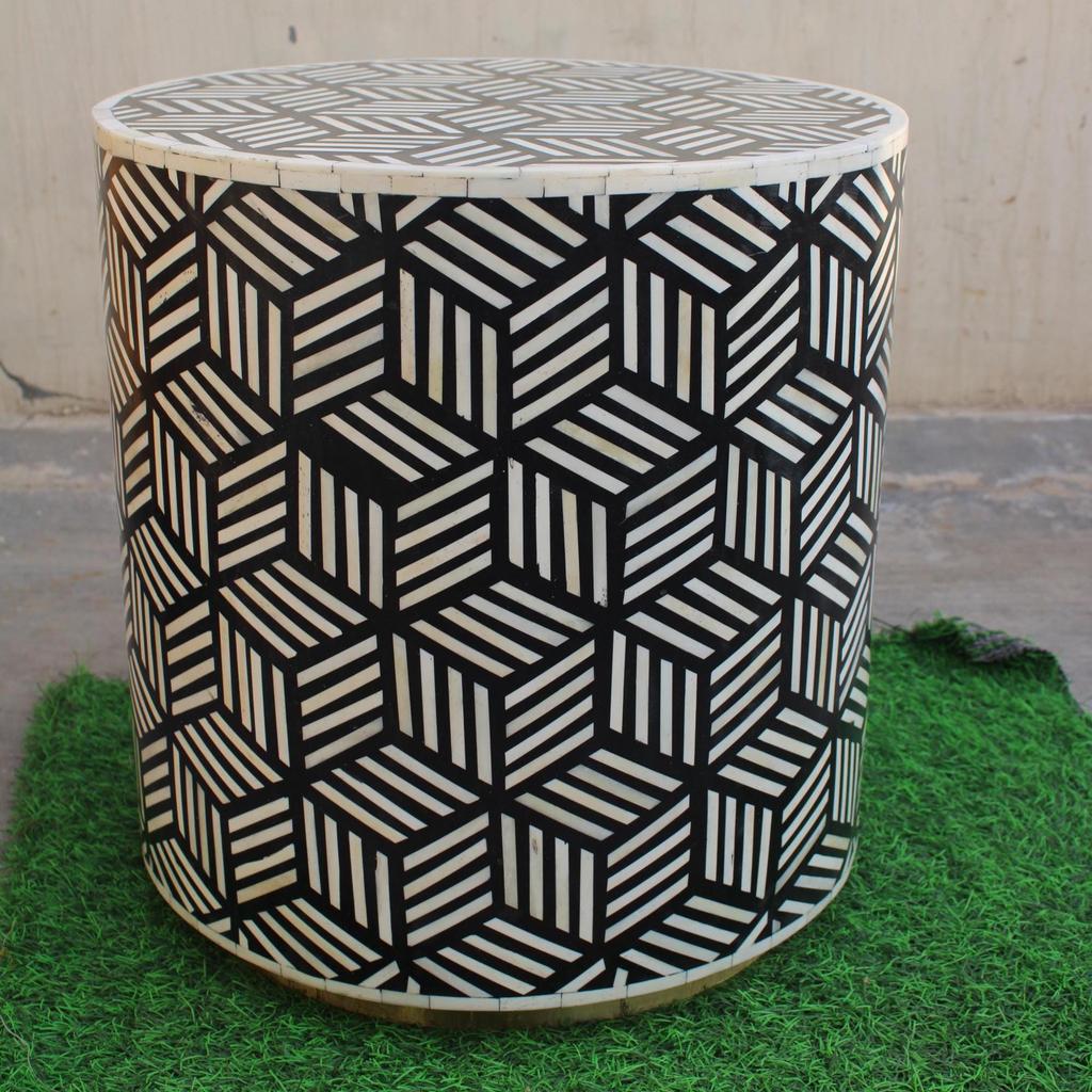 Wood Bone Inlay Drum Side Table, Bone Coffee Table Modern Patterned Cylinder Decor Table | Modern Cube Pattern Side Table | Central Table