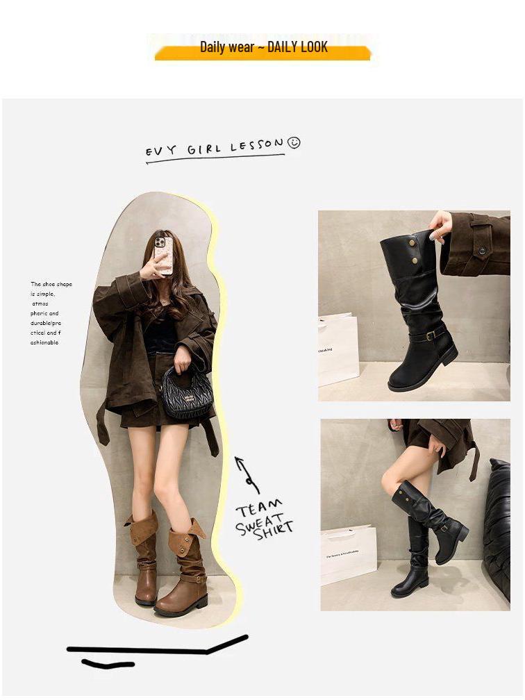 Jesienno-zimowe kozaki za kolano typu slouch z klamrą paska i masywnym obcasem - styl kowbojski