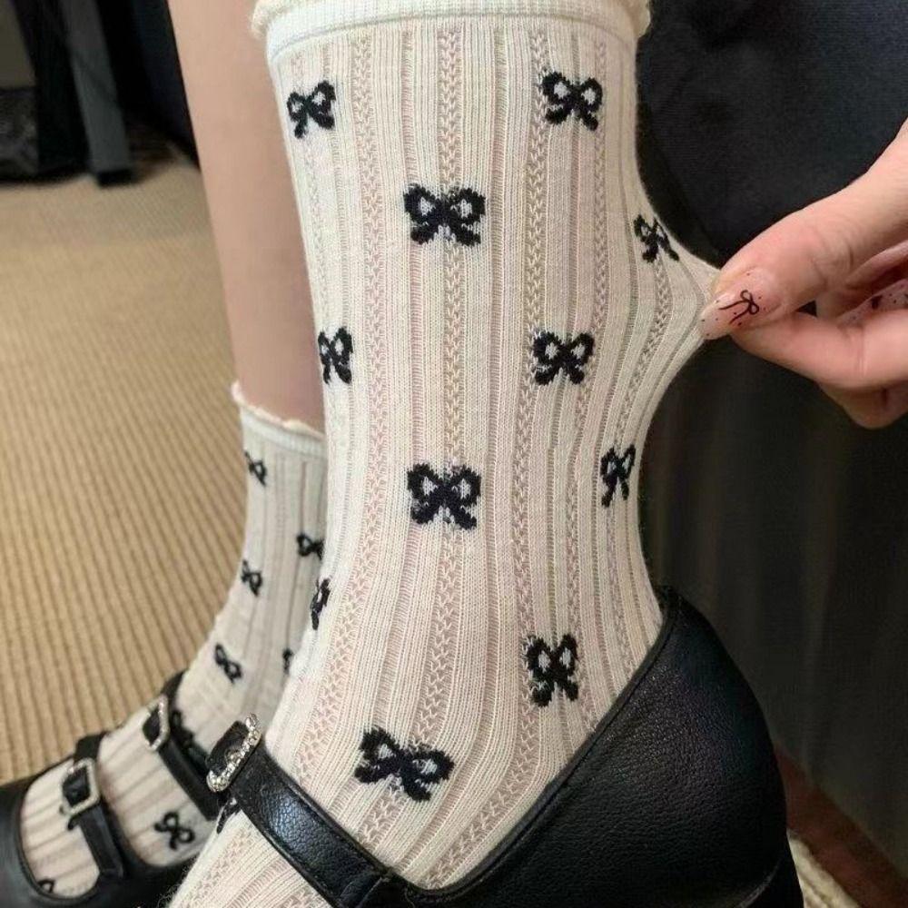 New Breathable Bowknot Socks Spring Summer Y2K Long Socks Sweet Thin Sweet Stockings