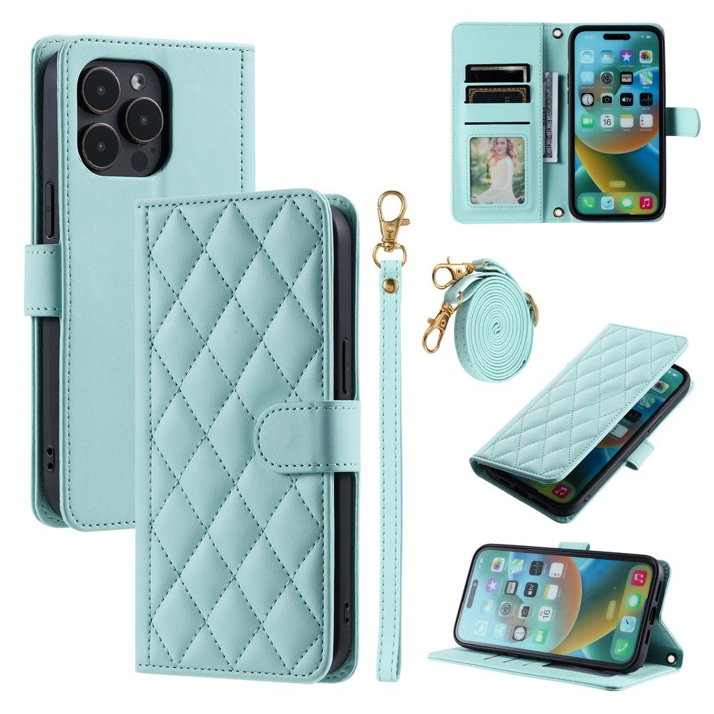 Applicable to iPhone16 mobile phone leather case 13Pro small fragrant wind rhombus plaid diagonal span leather case 14plus portable rope